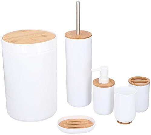 Alpina Badezimmer Set - Bambus Bad Zubehörset - Toilettenzubehörset mit Lotionspender, Mülleimer, Zahnbürstenhalter, Zahnputzbecher, Toilettenbürste und Seifenschale - 6-Teilig
