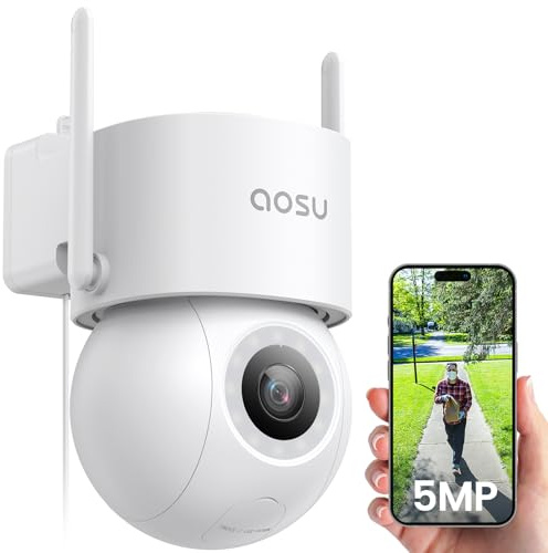 AOSU 3K 5MP Überwachungskamera Aussen,Kabel WLAN Kamera Outdoor Überwachung außen Mit 400Lm Spotlight Full Color Nachtsicht 360° PTZ Ansicht IP Kamera Outdoor, 24/7 Aufzeichnung, Fahrzeugschutz