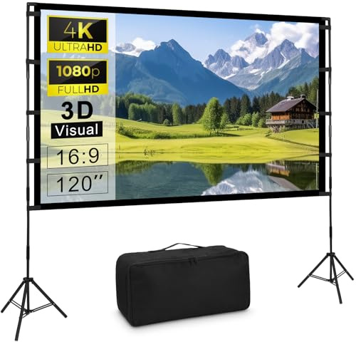 Beamer Leinwand mit Stativ, 120 Zoll Projektor Leinwand Tragbare Outdoor Kino, Faltenfrei 16:9 HD Rear Front Garten Projektion mit Tragetasche für Camping Home Party Theater Nächte