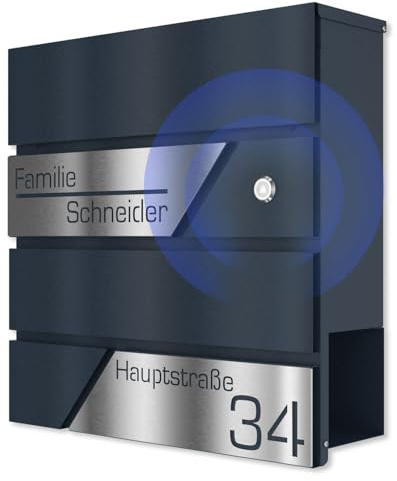 Graviers Design Briefkasten mit Funkklingel in Anthrazit RAL 7016 - Wandbriefkasten personalisiert Edelstahl - Postkasten Briefbox mit Schloss Zeitungsfach
