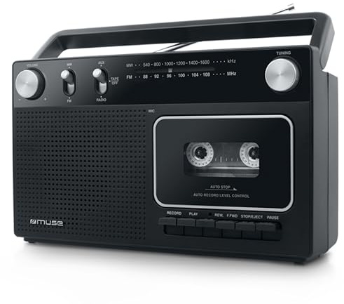 Muse M-152 RC Retro Kassettenrekorder mit Aufnahme-Funktion, Batteriebetrieb möglich (UKW und MW-Tuner, AUX-Eingang, Teleskopantenne), schwarz