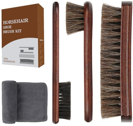 Euvia 4-teiliges Premium Schuhpflege Set aus 100% Pferdehaar Mit Poliertampons, Bürsten&Mikrofasertuch Für Leder Wildleder Schuhe Stiefel Taschen&Auto