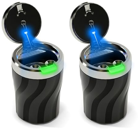 Geoyien Aschenbecher Auto, 2 Stücke Auto Aschenbecher mit Deckel, Automatisches LED Licht, Versiegelt, Geruchsdicht, Flammhemmend, Abnehmbar, Draussen, Großem Fassungsvermögen