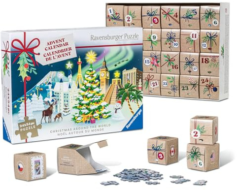 Ravensburger Puzzle-Adventskalender 12004246-24 Weihnachtspuzzle mit je 54 Teilen, alle 24 Motive können nach Belieben aneinander gepuzzelt werden, für Erwachsene und Kinder ab 12 Jahren