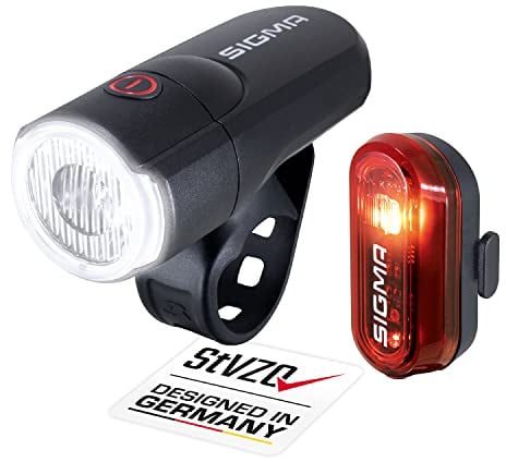 SIGMA Aura 30 & Curve | batteriebetriebenes Fahrradlichter Set | Werkzeuglose Montage | Spritzwassergeschützt | StVZO Zugelassen | Fahrradlicht Vorne +Hinten