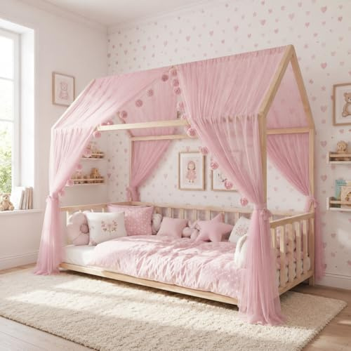 Baby Fancyroom Betthimmel für Hausbett, Bettvorhang aus Tüll, Beige, 2er Set mit Schleifen und Pompomgirlande, Baldachin für Kinderbett Mädchen (Rosa, 360cm, ohne Pompomgirlande)