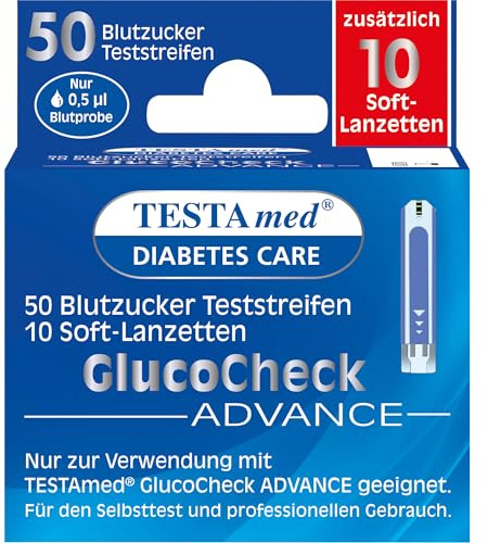 TESTAmed GlucoCheck Advance Blutzuckerteststreifen plus Soft-Lanzetten, 60 Stück