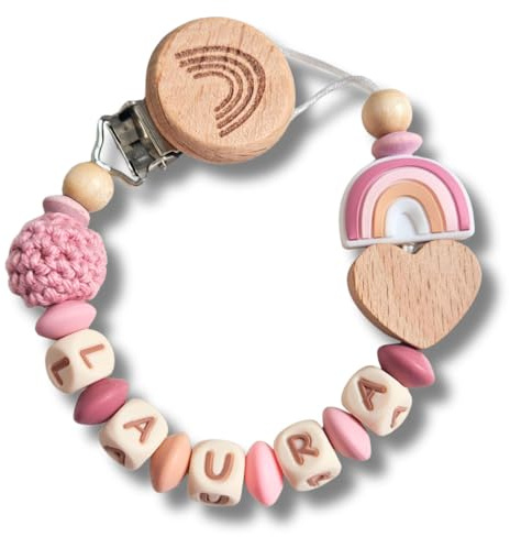 Personalisiertes Baby Geschenk, Mädchen/Junge, Schnullerkettchen mit Name, Schnullerband, verschiedene Farb-Varianten (1.Rosa)
