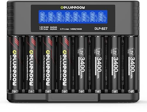 Delyeepow AA Akkus Wiederaufladbare mit Ladegerät, 3400mWh 1.5V Lithium Wiederaufladbare Batterien AA, Akku Ladegerät mit LCD Anzeige 8 Slots Schnelles USB-Laden, 1500 Zyklen