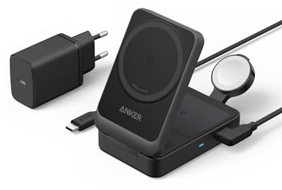 Anker MagGo 3-in-1 Ladestation, Qi2 zertifizierter 15W kabelloser Ladeständer, MagSafe kompatibel, Apple Watch Ladegerät, Für iPhone 17/16/15/14, AirPods, Apple Watch 9 (Mit 40W USB-C Netzteil)