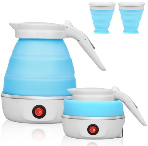 Kieselgel Wasserkocher Elektrisch Reisewasserkocher Mini Camping Wasserkocher Faltbarer 0.6L (Blau)