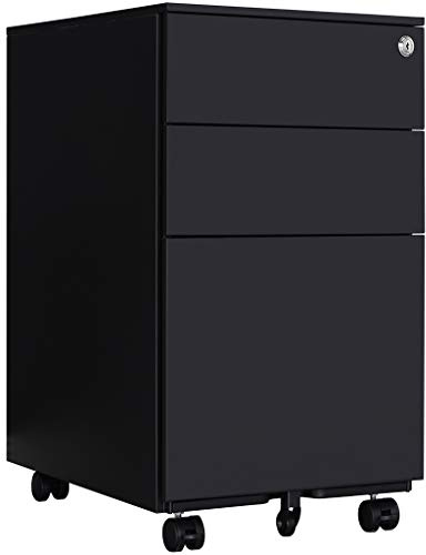 Aktenschränke,Schrankkorpus Vormontiert, Rollcontainer Büro-Rollcontainer mit Anti-umkippen-mechanismus, Bürocontainer mit 3 Schublade für A4, 50cm L x 39cm B x 60cm H, B020 (Schwarz)