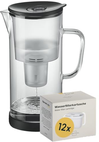 SILBERTHAL Wasser Filterkannen Set inkl. 12er Pack Filterkartuschen - Glas - Reduziert Kalk und Chlor - 2,7 Liter