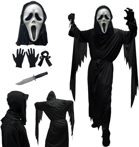 halloween scream costume,screaming ghost costume,Erwachsene und Kinderschwarz scream kostüm,geist scream mask,Halloween Party Ganzkörperkostüm mit Scream Mask und Handschuhe und Messer