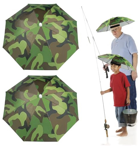 Realure 2 Stück Regenhut Angeln Handfrei, Regenschirm Hut Damen Herren Kinder, Anglerschirm Wasserdicht, Kopfschirm Tarnfarbe Grün, Regenschirm Hut Erwachsene Sonne UV Schutz Rainy (Camouflage Grün)