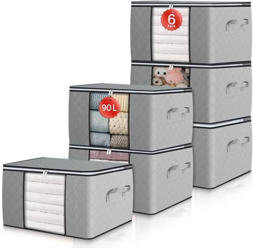 GoMaihe 6 Stück Aufbewahrungstasche Aufbewahrungsbox mit Deckel Kleiderschrank Organizer Faltbare Kleideraufbewahrung Umzugskartons mit Verstärkt Griff für Kleidung Bettdecken Kissen 90L Grau