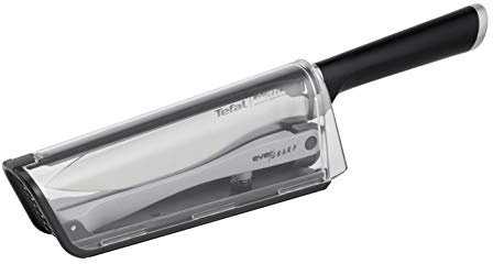 Tefal K25690 Ever Sharp Chef-Messer + Messerschärfer, 16,5 cm Kochmesser, exklusive Schleiftechnologie, langlebig, deutscher Edelstahl, Küchenmesser mit Komfortgriff, Verschlusssystem, Schwarz/Silber