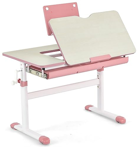COSTWAY Kinderschreibtisch 51-73cm Höhenverstellbar, Schülerschreibtisch mit neigbarer Tischplatte, Bücherständer, Schublade & Messlineal, ergonomischer Jugendschreibtisch für 3-12 Jahre Kinder (Rosa)