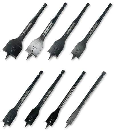 Eclipse Professional Tools FWDB8PS 8-teiliges Flachbohrer-Set für Holz – Hochkohlenstoffstahl, schlagfest, Fasen-Spitzen, für gerade oder schräge Bohrungen in hartem und weichem Holz