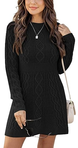 Ebifin Strickkleid Damen Rundhals Strickpullover Kleid Elegant Tunika Pullikleid Winterkleid Sweater A-Linie Minikleid.