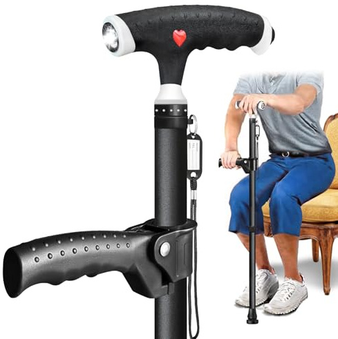 ispuoocti Verstellbarer Gehstock für Herren und Damen Doppelgriff Verstellbarer, Gehstock mit LED-Licht, gehstöcke für senioren und Menschen mit verschiedenen Arten von Arthritis (Schwarz)