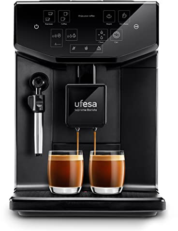 Ufesa Supreme Barista mit 20 Bar Druck, Touchpanel, integrierter Mahlwerk, patentierte Technologie, einstellbare Kaffeestärke, 2L Wassertank, 1550W, hergestellt in Spanie