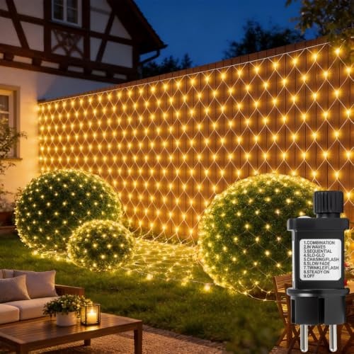 YIBONIKA Lichternetz Außen 3x2m 204 LED Lichterkette Außen Netz mit Stecker | 8 Modi Mit Timer,IP44 Wasserdicht und Verbindbar für Weihnachtsbeleuchtung Innen Büsche Garten Zimmer Balkon Wand Warmweiß
