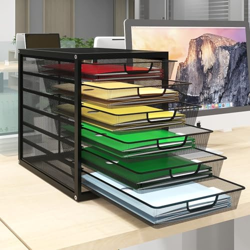 PUNCIA A4 Schubladenbox 6 Schubfächer Dokumentenablage Metall Briefablage | Ablagefächer mit Schubladen Schreibtisch Organizer Ablagesystem Papiersortierer für Dokumenten Papier Büro Schule Schwarz