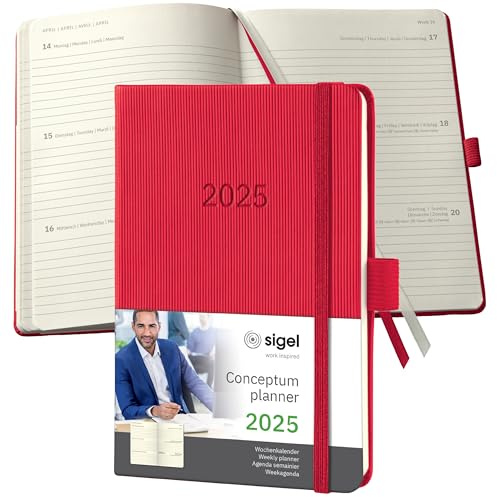 SIGEL C2565 Wochenplaner Wochenkalender 2025, ca. A6, rot, Hardcover, 176 Seiten, Gummiband, Stiftschlaufe, Archivtasche, aus nachhaltigem Papier, Conceptum