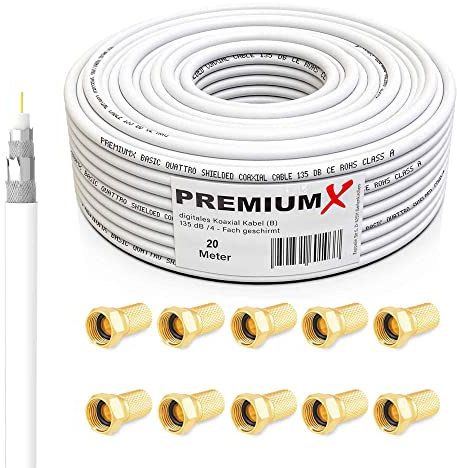 Premium X 20m Basic Koaxialkabel 135dB 4-Fach SAT Antennenkabel Koax-Kabel DVB-S / S2 DVB-C und DVB-T BK Anlagen 10x F-Stecker