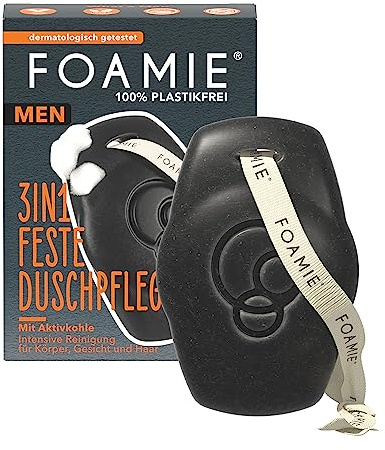 Foamie Men 3in1 Festes Duschgel & Shampoo Aktivkohle Rosenholz – Für Körper, Gesicht & Haar – Kräftig-holziger Duft, gründliche Reinigung & Pflege – Vegan, plastikfrei & pH-hautneutral, 90 g
