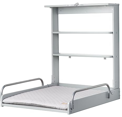 roba Wandwickelregal klappbar - Wandwickeltisch mit Wickelauflage grau | Platzsparender Wickeltisch zur Wandmontage aus Holz Taupe mit 2 Ablagefächern, Wickelfläche 75x60 cm, Belastbar bis 15 kg