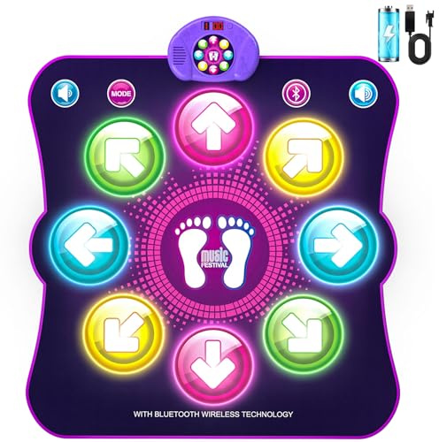 LEAPRCSTORE Tanzmatte Kinder Geschenke für Mädchen Alter 3 4 5 6 7 8 9 10 11 12+ Jahre, Musikmatte mit 8 Led-Leuchten, 6 Modi, Wiederaufladbare Batterie, Geburtstag Weihnachten Spielzeug