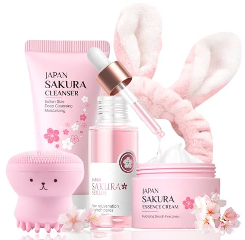 Sakura Skin Care Set Teenager Mädchen Geschenke Gesichtspflege Set ,5 Stück | Nährend Sakura Hautpflege Set mit Reiniger,Creme,Serum,Brush,Hairband - Hautpflege Set für Teenager Mädchen