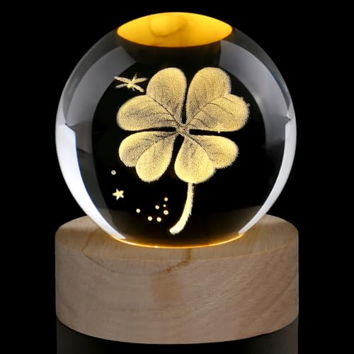 AWARDSEN 60 mm Kristallkugel Vierblättriges Kleeblatt Glücksbringer Prüfung, Glückssteine Briefbeschwerer Glaskugel Deko Geburtstagsgeschenk für Frauen, Crystal Ball Kleine Geschenke