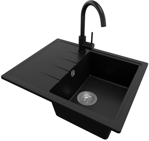 PRIMAGRAN Granitspüle Schwarz 62x50cm, Spülbecken 1 Becken + Küchenarmatur 32x20cm + Ablauf-Set, Küchenspüle ab 40er Unterschrank - Mailand S009