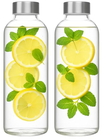mixed24 2er Set Trinkflasche aus Glas 1 Liter Deckel aus Edelstahl Wasserflasche Glasflasche auslaufsicher, modern, hochwertig, umweltbewusst