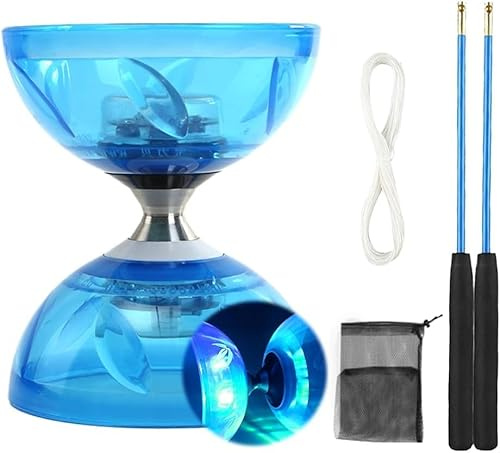 Diabolo Freiläufer mit kugellager Dreifache Lagerung Set, 4,5mm Diabolo Leuchtend im Dunkeln Freizeitsport Jonglierspielzeug mit Handstäben für Erwachsene (Blau)