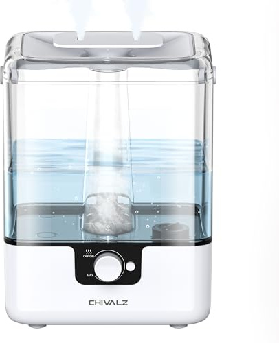 CHIVALZ Top Fill Luftbefeuchter für Große Räume, 6L mit Nachtlicht, 360°Drehbare Düse Humidifier, 26dB, 50H Aroma Diffuser für Schlafzimmer Kinderzimmer Pflanzen Baby, 1 Pack + 2 Mist Outlets Weiß