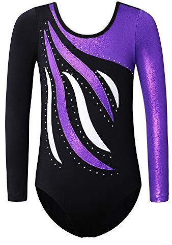 XFGIRLS Gymnastikanzug für Mädchen, langärmelig, glitzernd, glänzender athletischer Ballett-Tanzgymnastikanzug 3–16 Jahre, schwarz / lila, 11-12 Years