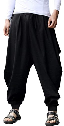 YAOHUOLE Herren Leinen Freizeithose Casual Strandhose Baggy Haremshose Schwarz XL
