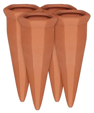 Relaxdays Tonkegel Bewässerung 4er Set, Pflanzen Wasserspender Ton, Wein und PET Flaschen Bewässerungskegel, Terracotta, Orange