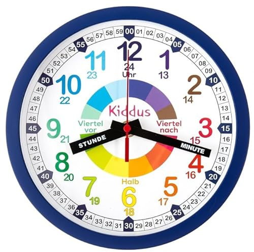 Kiddus Wanduhr Kinder & Lernuhr, 20cm Uhr für Kinderzimmer, Jungen & Mädchen, Lautlos ohne Ticken, Markierte Zeiger (Stunde & Minute), Pädagogisches Design - 01 Blau DE 20cm