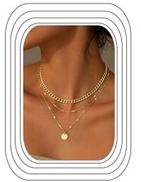 LOLIAS 3 Stück Kette 16K Vergoldet Damen Layering Halskette Schmuck | 16K vergoldet , Layering Choker Kette Lange Ketten Mit Anhänger Rund Doppelkette Mehrreihige Ketten Damen Schmuck