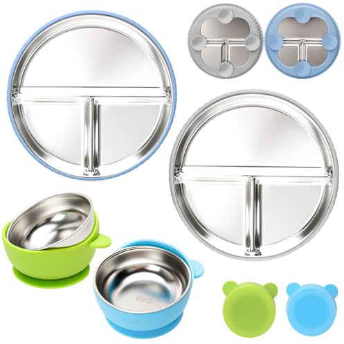CLDY 4er-Set Edelstahl Baby-Essgeschirr mit Saugnapf | BPA-frei, Silikon-Saugnapf, geteilte Teller, Baby-Led Weaning, Auslaufsicher, Spülmaschinenfest