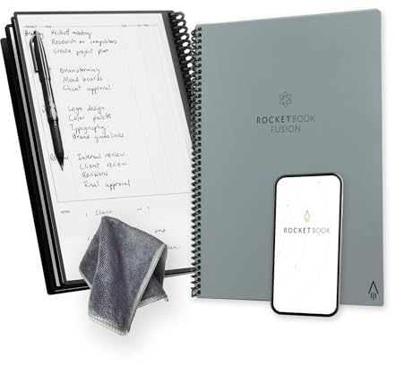 Rocketbook Fusion Wiederverwendbares Notizbuch, Smart Notepad A4 Grau, 7 Layouts, To Do Listen, Daily Bullet Journal, Monats- oder Wochenübersicht, inklusive Pilot FriXion Stift, Reduziert Papiermüll