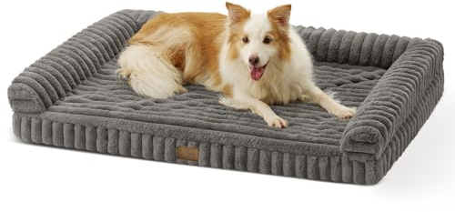 COZY KISS Orthopädisches Hundebett Grosse Hunde 112x81x18cm Waschbar, Grau | Wasserdichtes Hundesofa mit Eierkarton-Schaum, Weichem Kunstfell & Cordbezug Hundebetten, Abnehmbar & Waschbar Hundekorb
