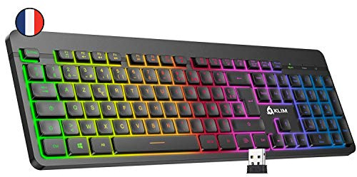 KLIM Light V2 Tastatur Kabellos AZERTY + flach, ergonomisch, dezent, wasserresistent, leise + Beleuchtete Gaming Tastatur für PC Mac PS4 Xbox 1 + Integrierter Akku mit Langer Lebensdauer