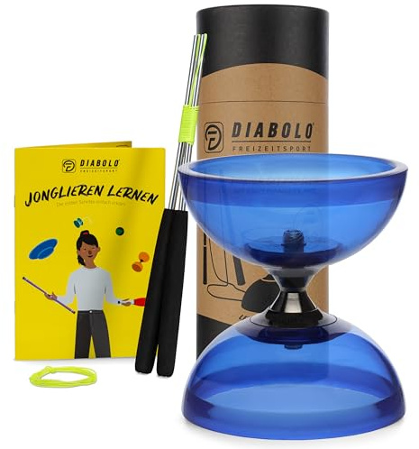 Diabolo Freizeitsport Jonglier-Set Pro mit kugelgelagertem Diabolo (transparent blau), Handsticks aus Aluminium, Ersatzschnur (160cm) und Gedruckter Anleitung
