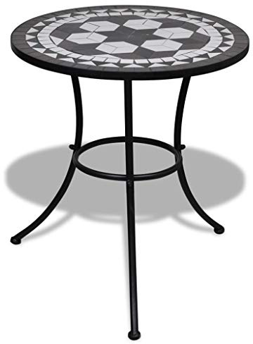 Tidyard Tisch Mosaiktisch Gartentisch Bistrotisch Balkontisch mit Eisenrahmen, Schwarz+Wei,Rund, 60 x 70 cm (Ø x H)
